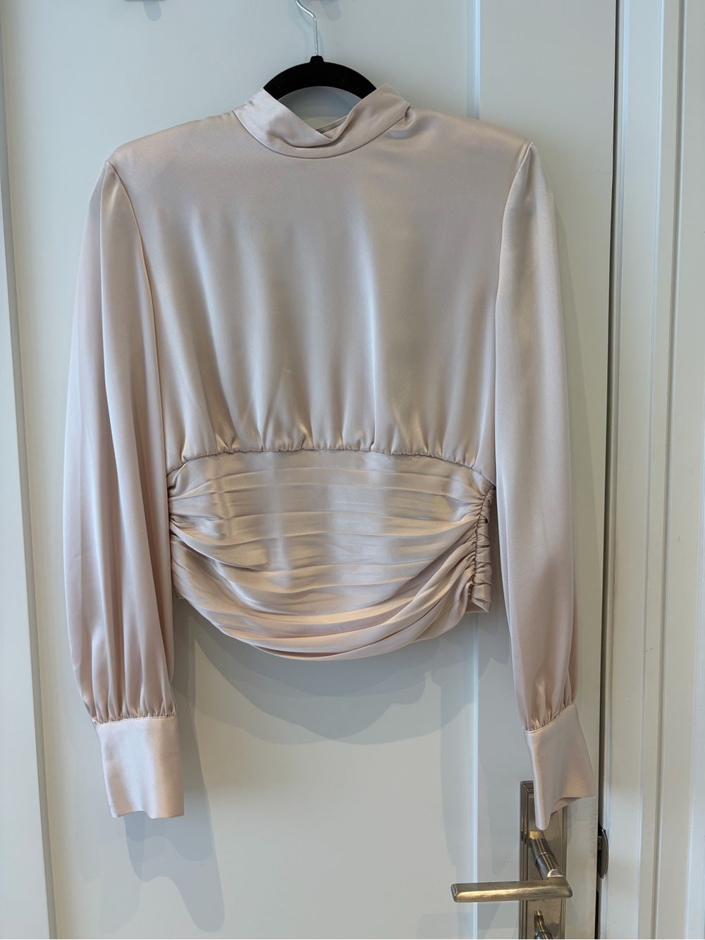 Babaton Satin Ruched High-Neck Blouse in beige